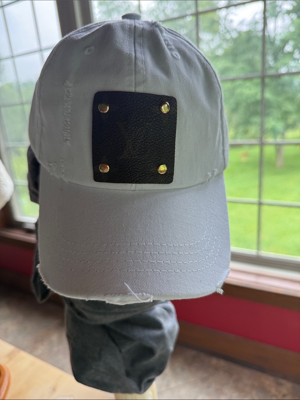 White Baseball Cap with Brown Leather LV Patch hat